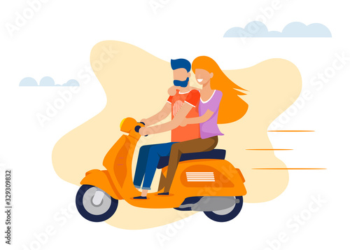 Cartoon Man and Woman Riding Flat Motorcycle on Romantic Date. Exciting Trip on Vacation. Honeymoon and Relationship Creation. People Character in Love and Voyage. Vector Cutout Illustration © Mykola