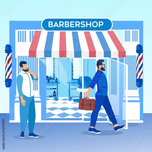 Customer with Stylish Hairstyle Leaving Barbershop, Man Pedestrian Watching on Happy Client Thinking to Come in for Beauty Spa Procedures, Hairdo and Shaving Beard. Cartoon Flat Vector Illustration