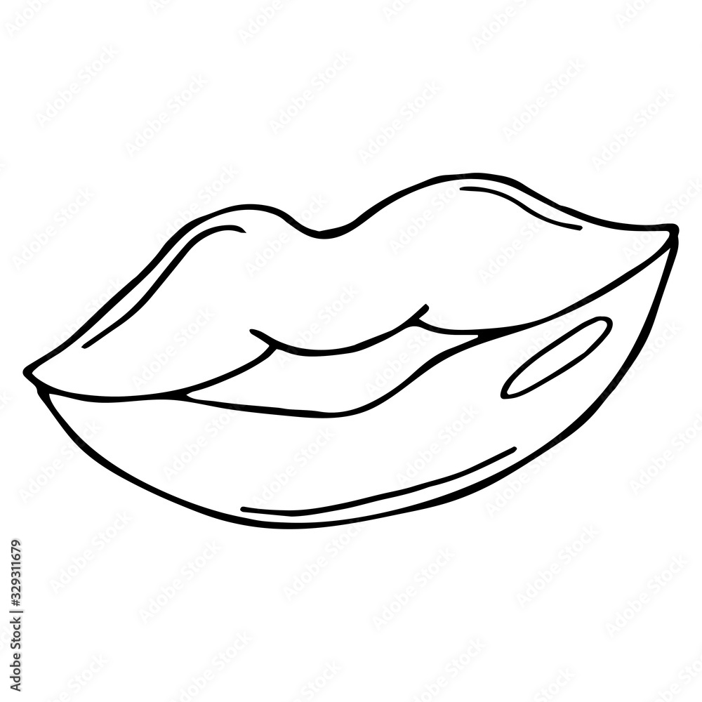 Fototapeta premium Sexy chubby lips kiss isolated line art, hand drawn illustration