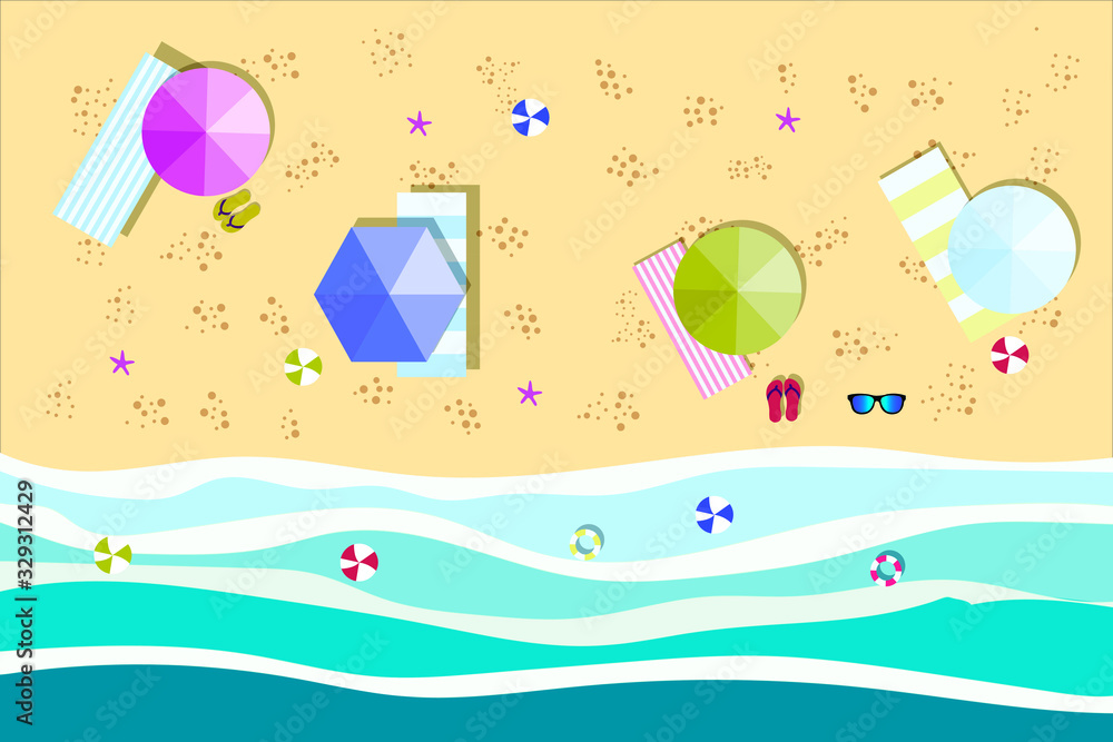 Naklejka premium Summer sunny beach with umbrellas. Sea waves Top view. Travel, vacation, holidays concept