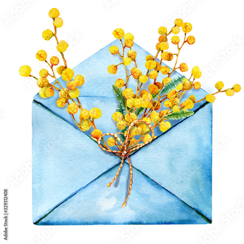 Open mail envelope with flowers mimosa and twigs inside. Hand drawn closeup watercolor illustration isolated on white background. For the design of the holiday of love, Easter.