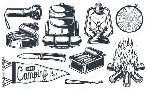 Set of camping equipment outdoor adventure kit