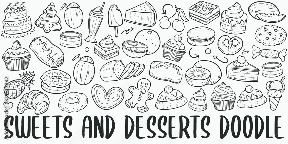 Sweets and Desserts Doodle Line Art Illustration. Hand Drawn Vector Clip Art. Banner Set Logos.