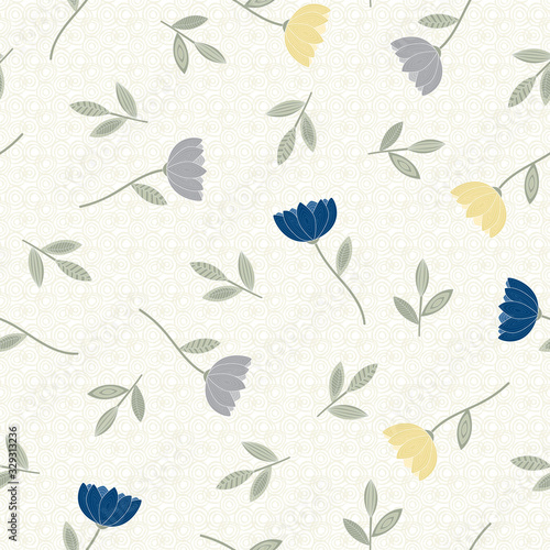 Vector Flowers in Blue Grey Yellow with Green Leaves on White Background Seamless Repeat Pattern. Background for textiles, cards, manufacturing, wallpapers, print, gift wrap and scrapbooking.