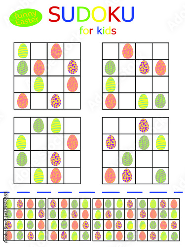 Happy Easter sudoku collection with funny colored eggs. Set of 4 four by four logical game for kids with answer. Easy sudoku games set for Easter holidays stock vector illustration. One of a series. 