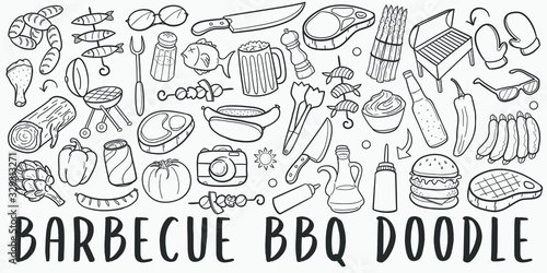 BBQ Barbecue Doodle Line Art Illustration. Hand Drawn Vector Clip Art. Banner Set Logos.