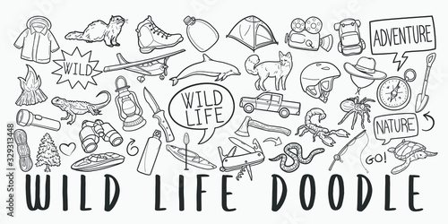 Wild Life Adventure Doodle Line Art Illustration. Hand Drawn Vector Clip Art. Banner Set Logos.