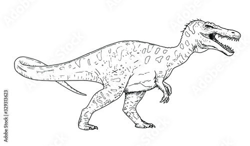Drawing of dinosaur - hand sketch of Baryonyx, black and white illustration