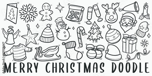Merry Christmas Doodle Line Art Illustration. Hand Drawn Vector Clip Art. Banner Set Logos.