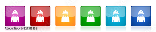 Engineer icon set, worker, manager, employe colorful square glossy vector illustrations in 6 options for web design and mobile applications