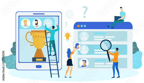 Cross Platform Development Vector Illustration. Programmers and UI Designers Cartoon Characters. Web Developers Team Making Mobile Application. Young People Create Responsive User Interface