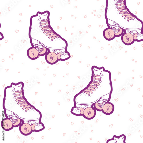 Vector Vintage Roller Skates with Doodled Hearts seamless pattern background.