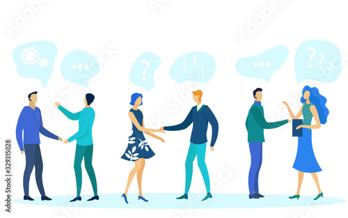 People Communication, Dialogue Vector Illustration. Friends, Lovers and Colleagues Cartoon Characters. Conversation Types, Friendly, Romantic and Business Talk. Friendship and Corporate Relationship