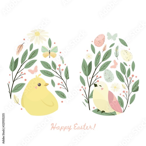 Happy easter design element. Egg with chick and flower, leaves, butterfly. Vector set