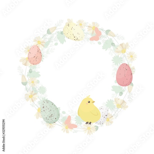Happy easter set illustrution with a funny yellow chick in eggshell. Vector illustration