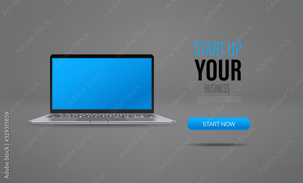 Start up your business promo landing page template with laptop and sample text. Mockup for presentation, websites, applications and landings