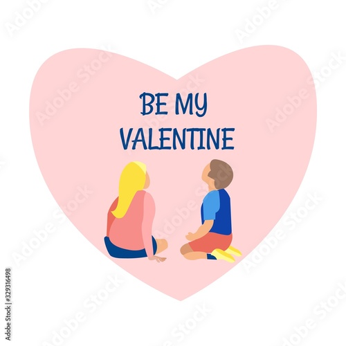 Exhibition Center. Vector Illustration. White Background. Through Museum. Visit Exhibition. Clothes Pastel Tones. Art Gallery. Watch Exclusive Exhibits. View from Back. Be My Valentine. Boy and Girl.