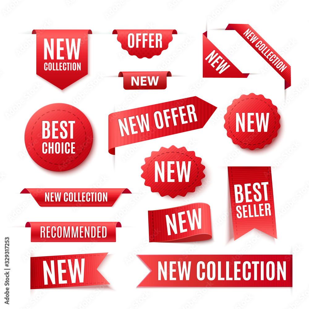 Collection Of Red Promo Badges Or Labels Isolated On White Background. Vector Ribbon Banners Set Collection Of Red Promo Badges Or Labels Isolated On White Background. Vector Ribbon Banners Set