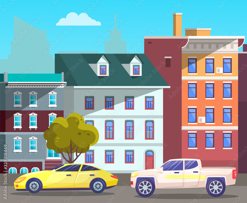 Modern city street with cars riding along houses and estates of citizens. Cityscape with vehicles passing architectural sights. Traveling on vacation, trip to new place. Vector in flat style