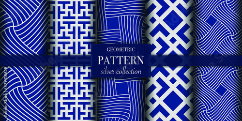 Set of 5 silver luxury geometric pattern background texture. Abstract line, dot retro style vector illustration for wallpaper, flyer, cover, design template. Repeat circle ornament, backdrop element