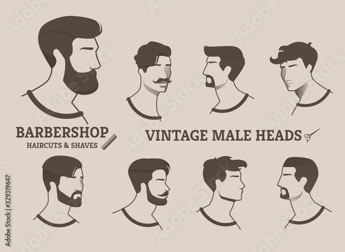 Barbershop Haircuts and Shaves Vintage Male Heads. set variants hairstyles and haircuts popular vintage. faces men with beard or mustache. advertising poster hair care for men cartoon.