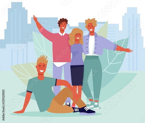 Happy Friends Portrait over Cityscape Illustration. Flat Vector Photo with Smiling Teenage Guys and Girls Group Hugging Together. Friendship and Relationship. Cartoon Young People Characters