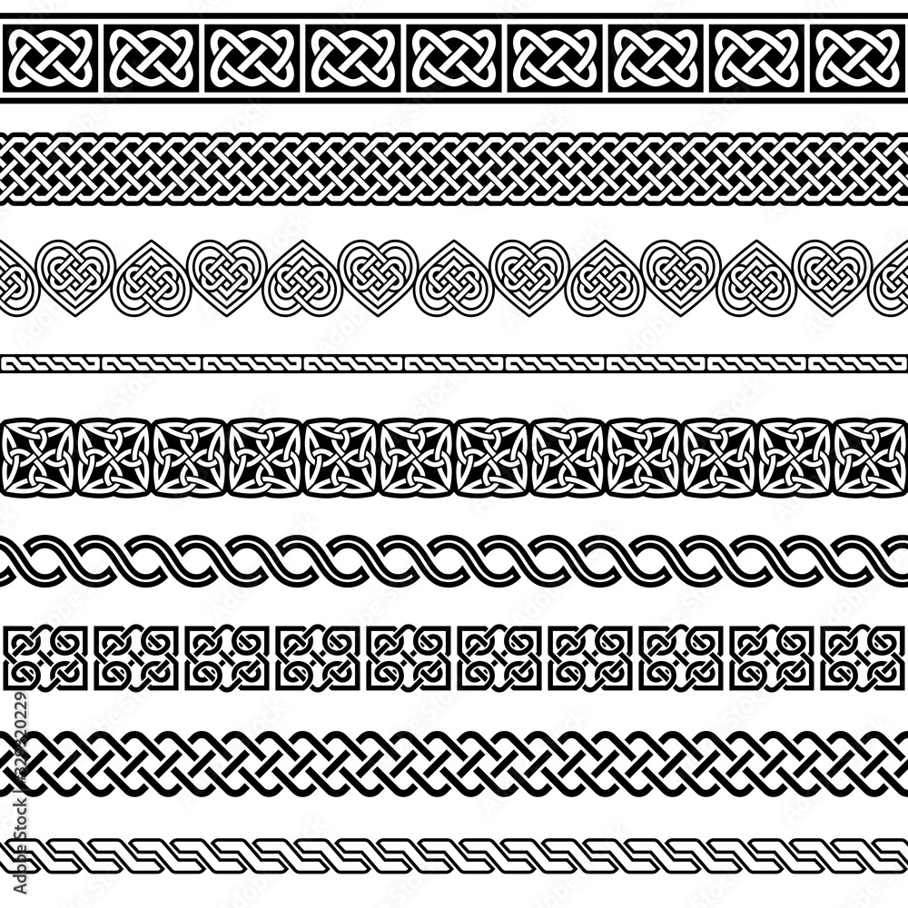 Irish Celtic vector seamless vector pattern set, border and frame collection, braided ornaments for greeting cards, St Patrick's Day celebration
