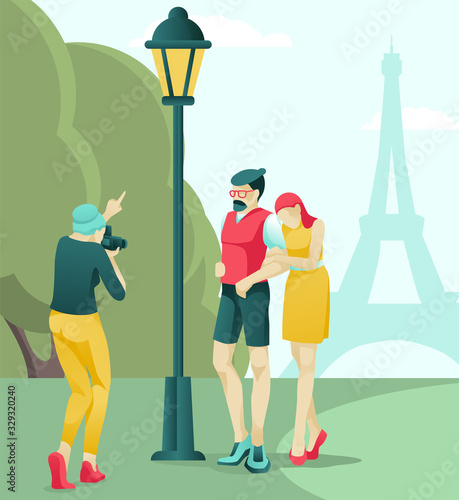 Photographer Shooting Man and Woman Couple in Love front of Eifel Tower in Paris. Green Park, Lantern and Cartoon People Characters. Adventure, Travel, Family Photo. Vector Flat Illustration