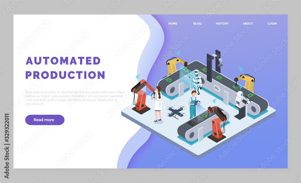 Website of automated production with robotic mechanisms. People control conveyor line. Robots working on engineering process. Mockup of web page with caption. Vector illustration in flat style