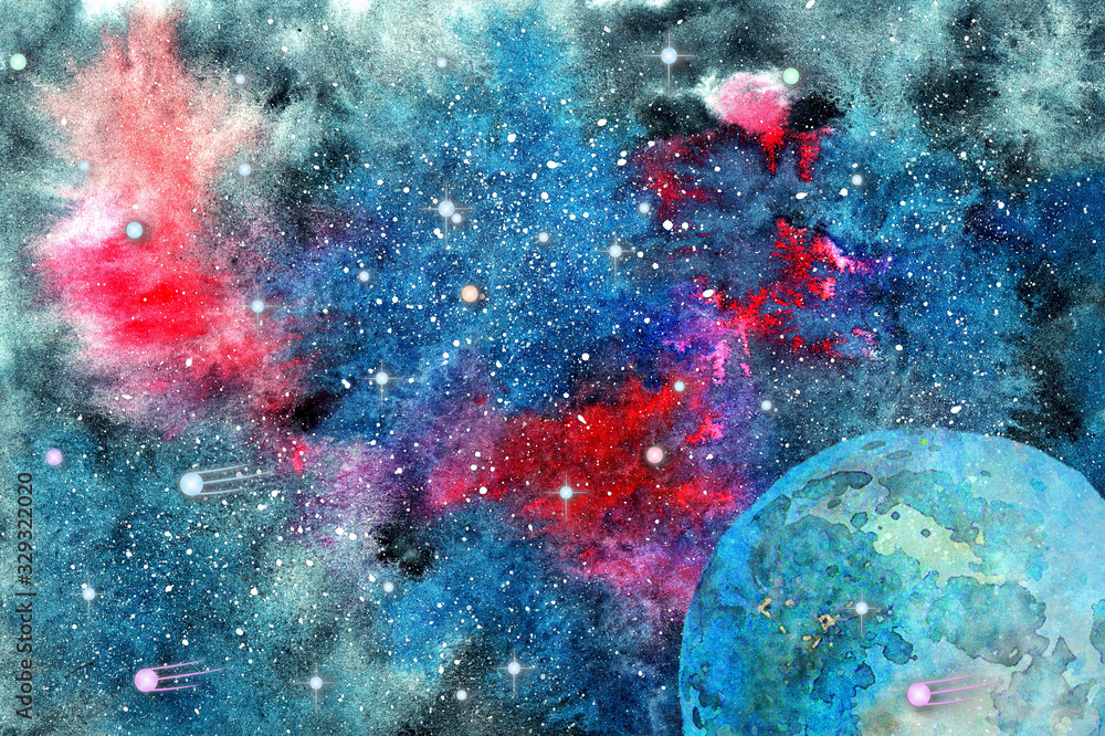 Watercolor illustration of  a space background with stars, a planet, milky way and some  satellites