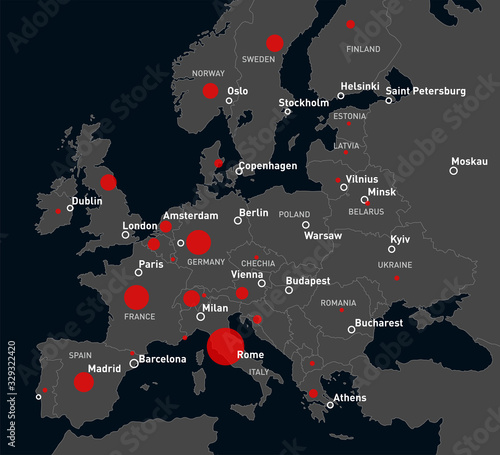 Coronavirus map. Vector scheme, diagram, infographics of spread virus from Hainan to Europe. Chinese coronа virus. Statistics of patients with coronavirus.