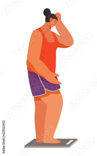 Young woman stand on scales and weigh. Lady on diet want to lose weight. Person use equipment, device to measure kilograms or pounds. Adult isolated on white, fat girl. Vector illustration in flat