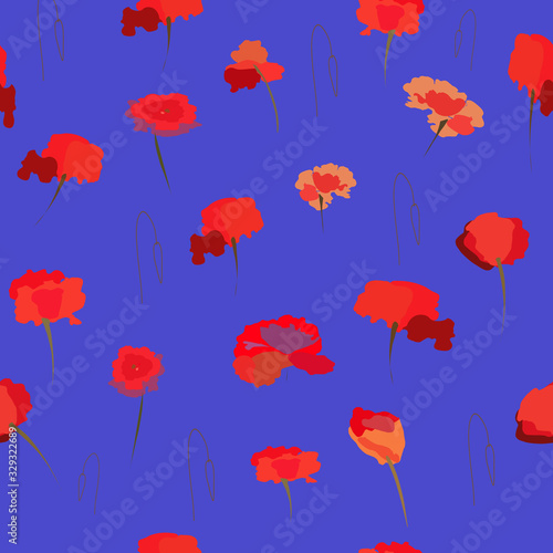 Poppies pattern on a blue background