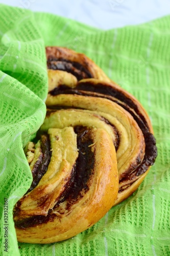 Babka. Swirl Bread with Chocolate. Homemade sweet braided bread dessert pastry.