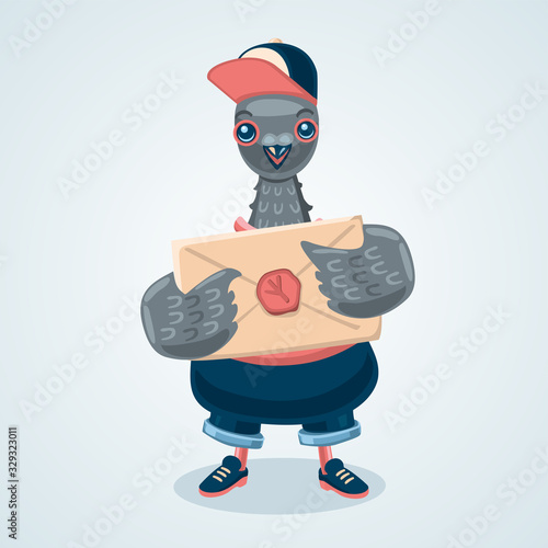 Pigeon courier boy. Humanized dove postman Cartoon style illustration. Delivery bird. Vector graphic.