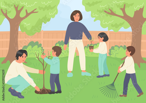 Spring clean up. Children with parents planting trees. Large happy family working in the garden. 