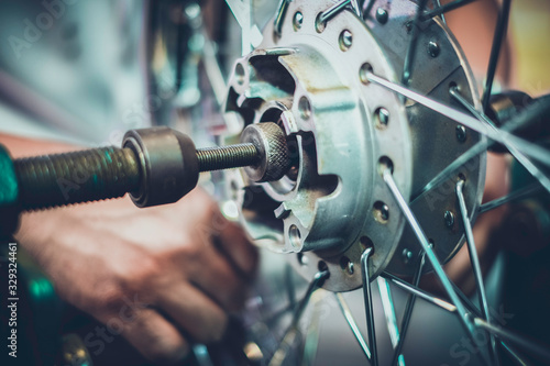 Close-up alignment of spokes and wheels.