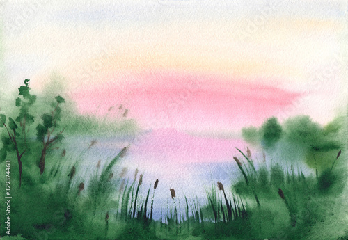 Watercolor painting with colorful summer landscape in light sunrise colors. Calm swamp with grass. Abstract peaceful hand drawn background. Meditation  restore  serenity  relaxing nature concept.