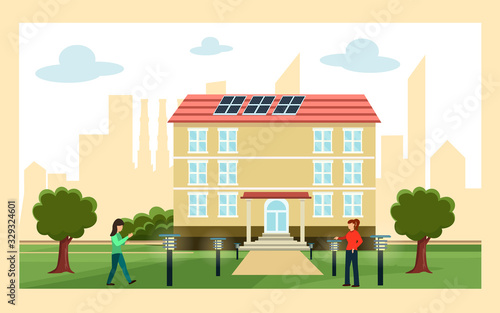 Building with Solar Panel Batteries on Roof, Solar Powered Lights on Street Vector Illustration. Electricity Power from Sun. Alternative Renewable Energy. Green Ecological Technology