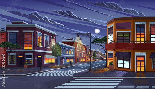 Street of town at night. Cityscape with old apartment houses and light in windows. Cartoon vector illustration of historic urban area. City street with vintage houses building. Old urban landscape