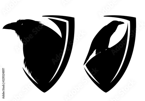 black raven bird and heraldic shield black and white vector outline set