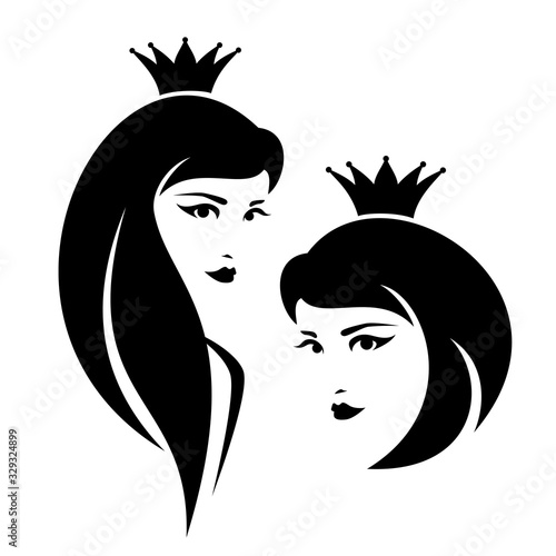 beautiful young queen or princess head - royal beauty black and white vector portrait