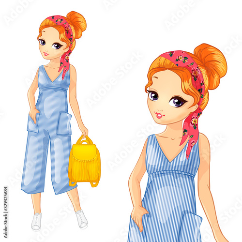 Red Haired Girl In Fashion Blue Striped Overalls