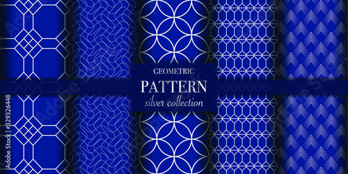 Set of 5 dark blue and silver luxury geometric pattern background. Abstract line, dot retro style vector illustration for wallpaper, flyer, cover, design template. minimalistic ornament, backdrop.