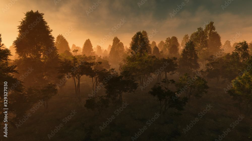 Foggy forest at sunrise digitally generated.