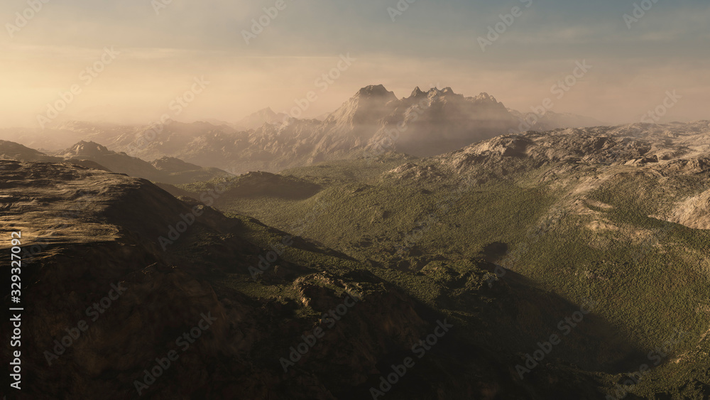 Mountain landscape in fog at sunrise digitally generated.
