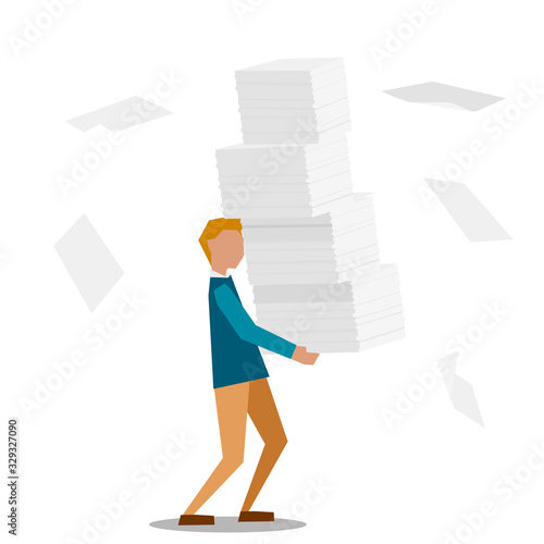 Office worker with pile of documents. Vector illustration.