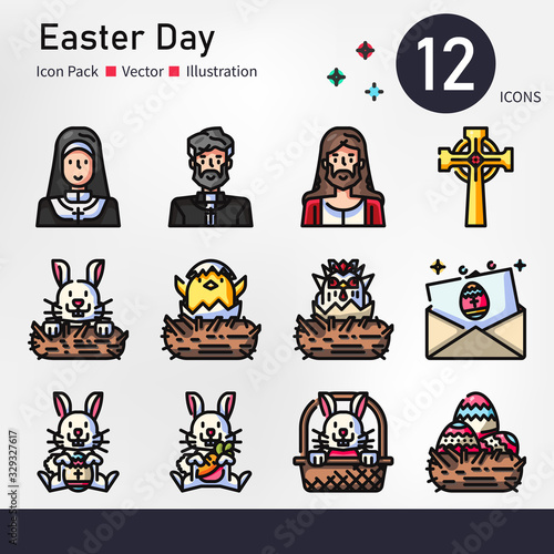 Easter day icon set  vector and illustration color outline