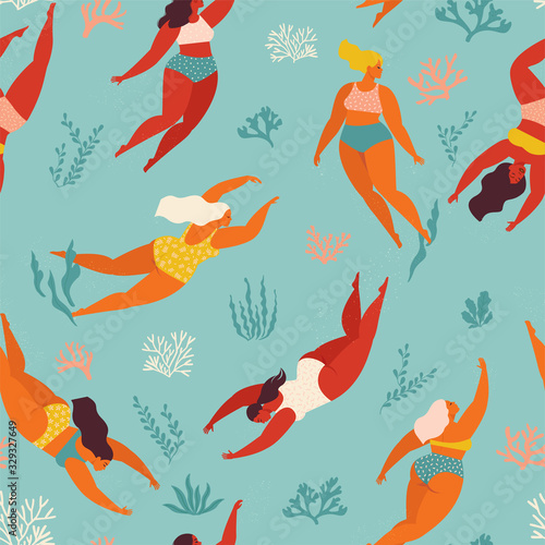 Cute decorative background with swimming women and girl in the sea or ocean. Vector seamless pattern. Underwater artwork design. Swim and dive in sea.