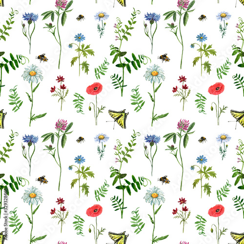 Summer Wild flowers seamless pattern. Watercolor hand drawn red poppy, blue c...